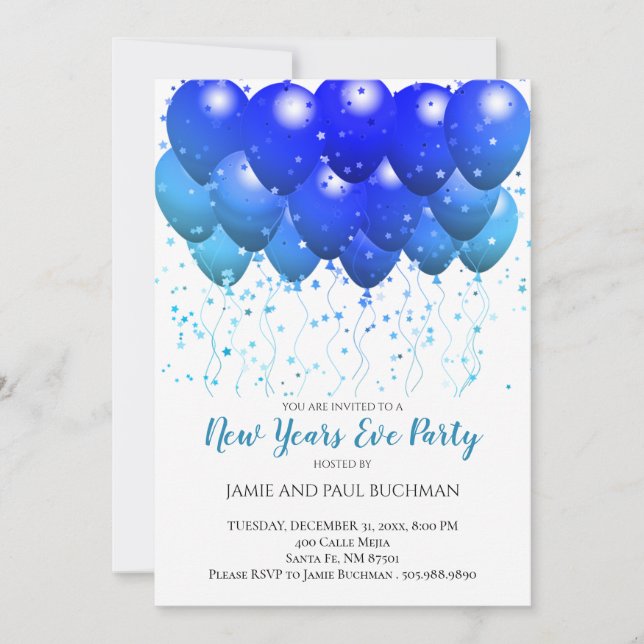 Invitation Ballons Bleus Confetti Fête de la Saint Sylvestre  (Devant)