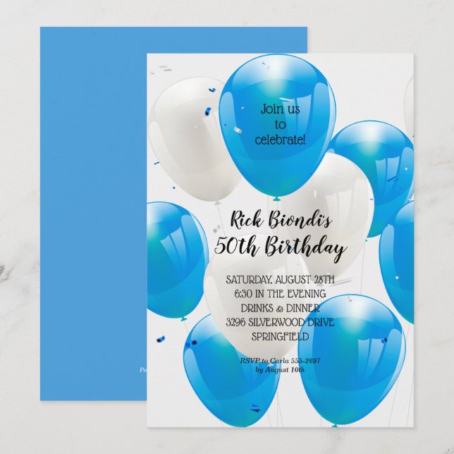 Invitation Ballons bleus fête d'anniversaire (Devant / Derrière)