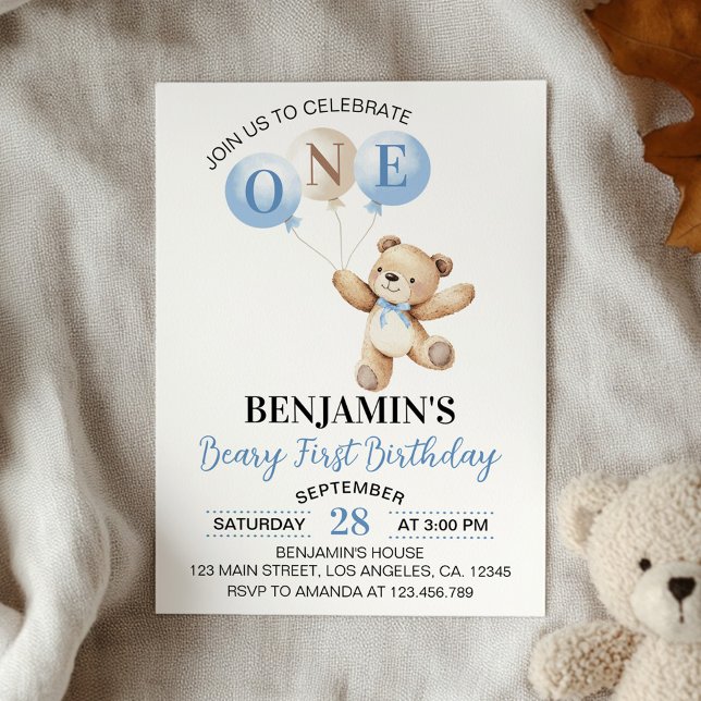 Invitation Ballons Bleus Ours Teddy Béary Premier anniversair (Créateur téléchargé)