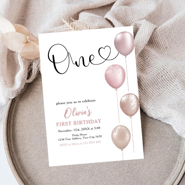 Invitation Ballons Blush fille premier anniversaire (Créateur téléchargé)