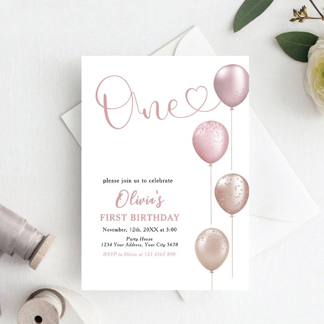 Invitation Ballons Blush fille premier anniversaire (Créateur téléchargé)