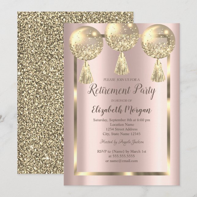 Invitation Ballons, Cadre, Or Rose, Retrait Parties scintilla (Devant / Derrière)