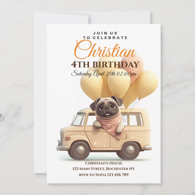 Invitation Ballons carlins mignons Camion fête d'anniversaire (Devant)