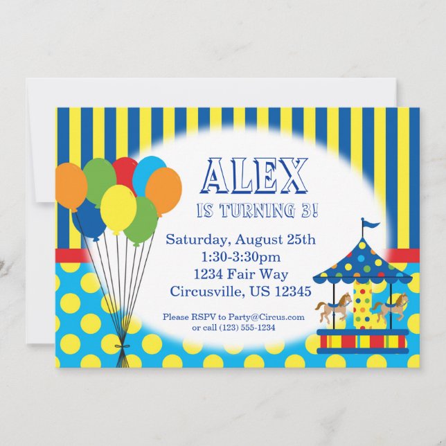 Invitation Ballons, carrousel, fête d'anniversaire de cirque (Devant)
