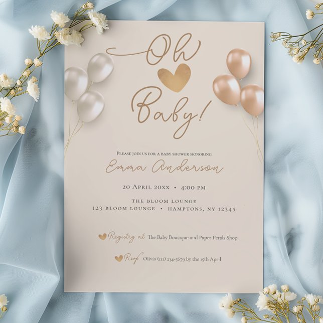 Invitation Ballons Coeur de Script moderne Baby shower neutre (Créateur téléchargé)