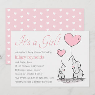 Invitation Ballons Coeur rose mignon Fille Eléphant Baby show