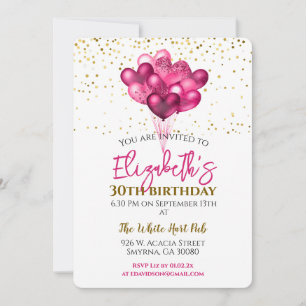 Invitation Ballons Coeurs de fête d'anniversaire rose