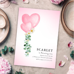Invitation ballons coeurs tropicaux simple premier anniversai