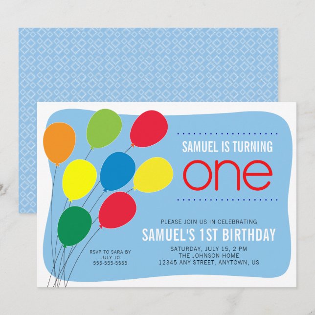Invitation Ballons colorés garçons 1er anniversaire fête (Devant / Derrière)