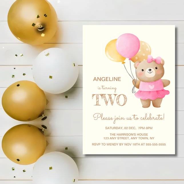 Invitation Ballons colorés mignon ours fille 2e anniversaire (Créateur téléchargé)