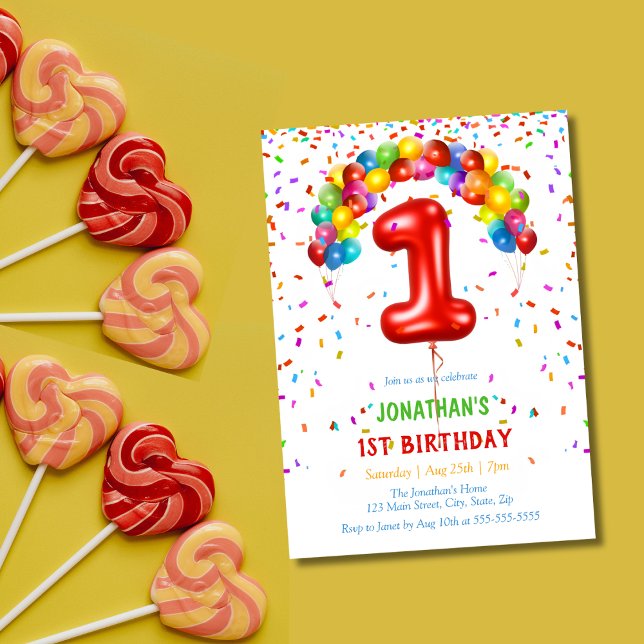 Invitation Ballons Confetti lumineux colorés 1er anniversaire (Créateur téléchargé)