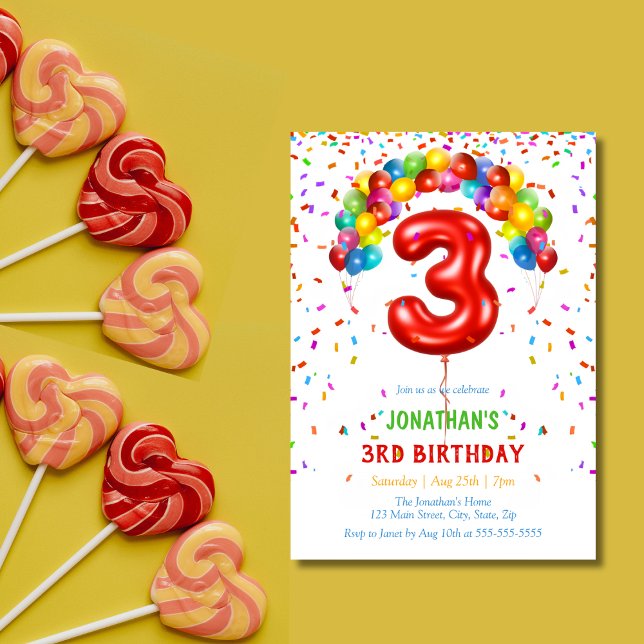 Invitation Ballons Confetti lumineux colorés 3e anniversaire (Créateur téléchargé)