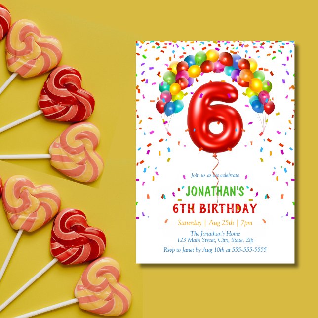 Invitation Ballons Confetti lumineux colorés 6e anniversaire (Créateur téléchargé)