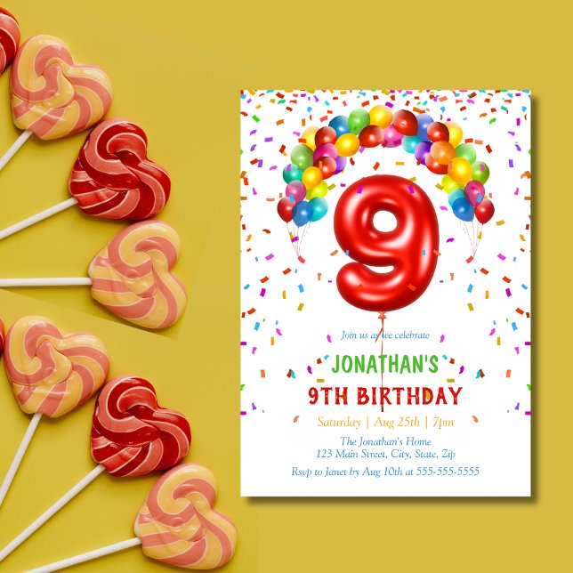 Invitation Ballons Confetti lumineux colorés 9e anniversaire (Créateur téléchargé)