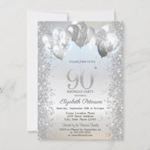 Invitation Ballons Confetti Parties scintillant d'argent 90e 
