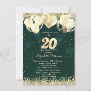 Invitation Ballons Confettis Pailletés Or Vert 20ème Annivers