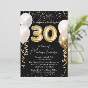 Invitation Ballons d'anniversaire 30 ans en or sur fond noir