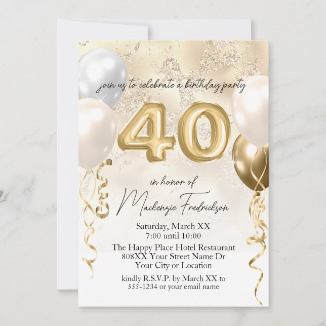Invitation Ballons d'anniversaire 40e sur Parties scintillant (Devant)