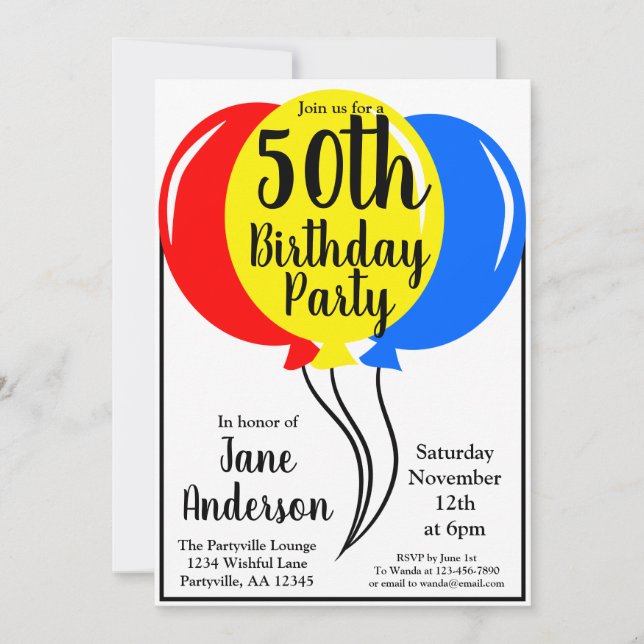 Invitation Ballons d'anniversaire colorés 50e fête (Devant)