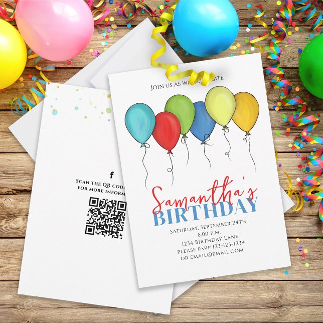 Invitation Ballons d'anniversaire Confetti QR Code Médias soc (Créateur téléchargé)
