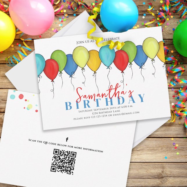 Invitation Ballons d'anniversaire Confetti QR Code Médias soc (Créateur téléchargé)