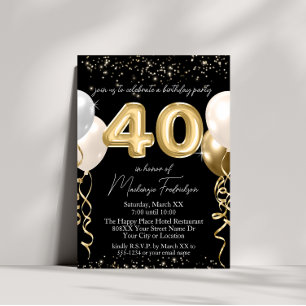 Invitation Ballons d'anniversaire dorés 40 ans sur fond noir