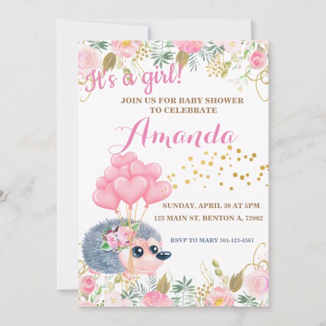 Invitation Ballons d'arc de hérisson baby shower floral rose (Devant)