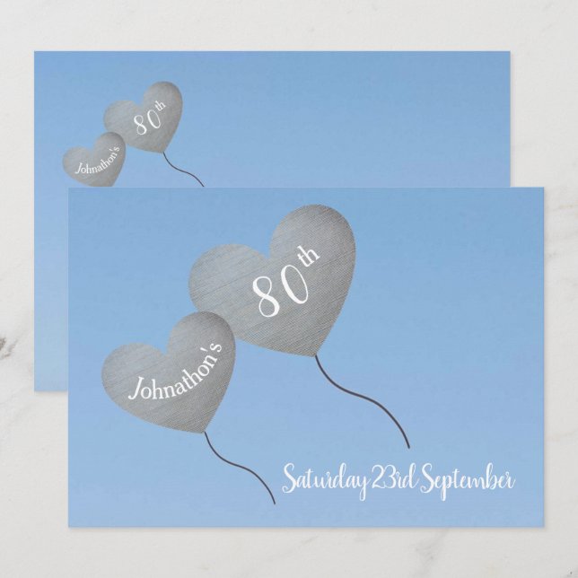 Invitation Ballons d'argent dans un ciel bleu fête d'annivers (Devant / Derrière)
