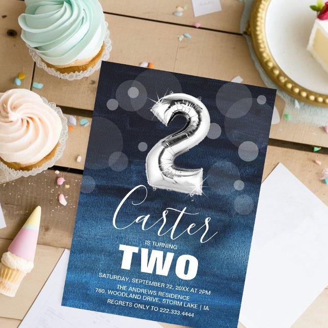 Invitation Ballons d'argent du 2e anniversaire | Blue Party (Créateur téléchargé)