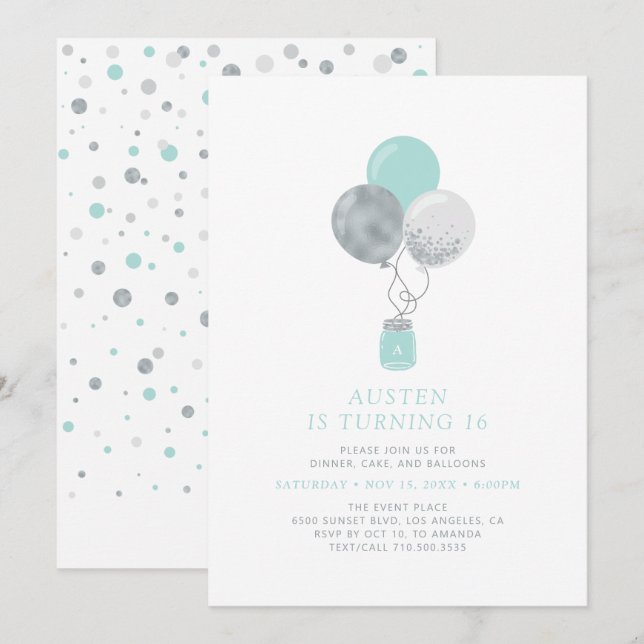 Invitation Ballons d'argent et de menthe moderne 18e fête d'a (Devant / Derrière)