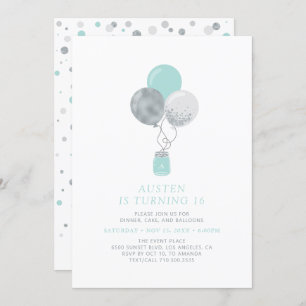 Invitation Ballons d'argent et de menthe moderne 18e fête d'a