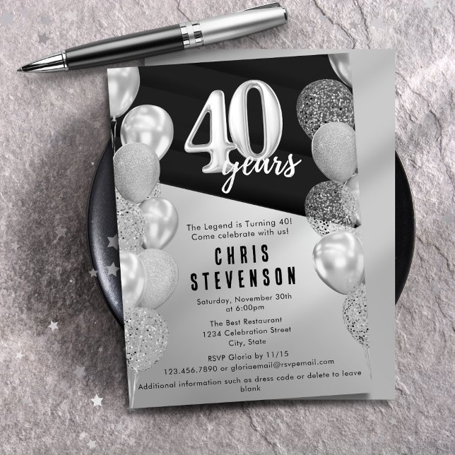 Invitation Ballons d'argent noir Masculine 40e anniversaire (Créateur téléchargé)