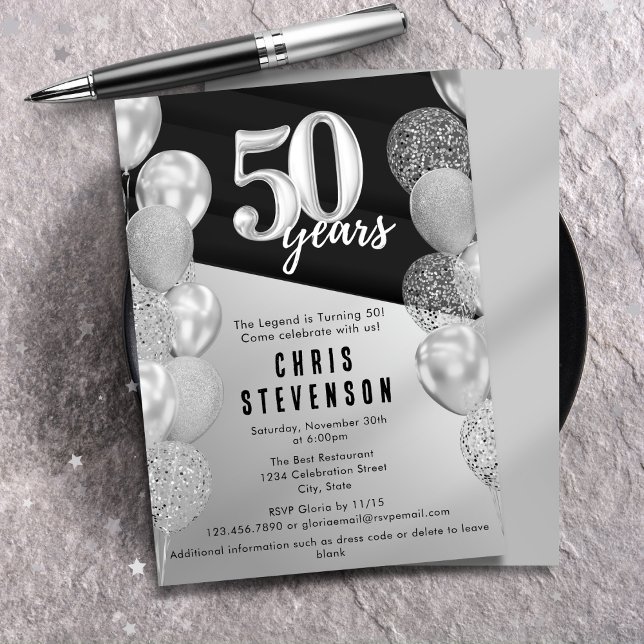 Invitation Ballons d'argent noir Masculine 50e anniversaire (Créateur téléchargé)