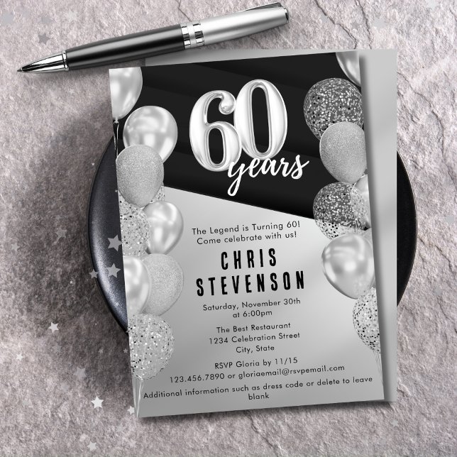 Invitation Ballons d'argent noir Masculine 60e anniversaire (Créateur téléchargé)