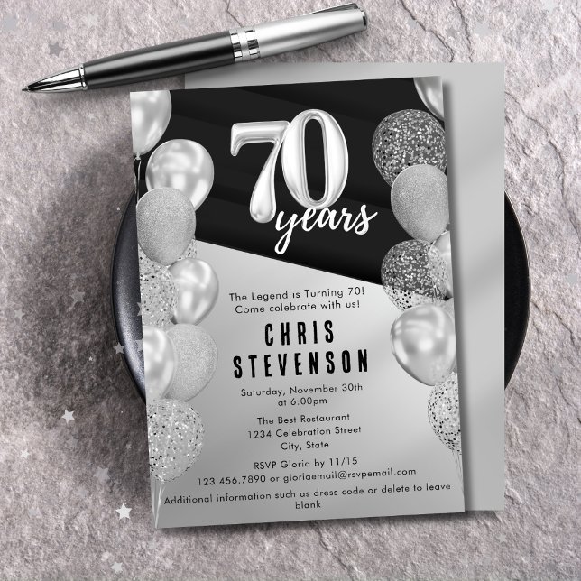 Invitation Ballons d'argent noir Masculine 70e anniversaire (Créateur téléchargé)