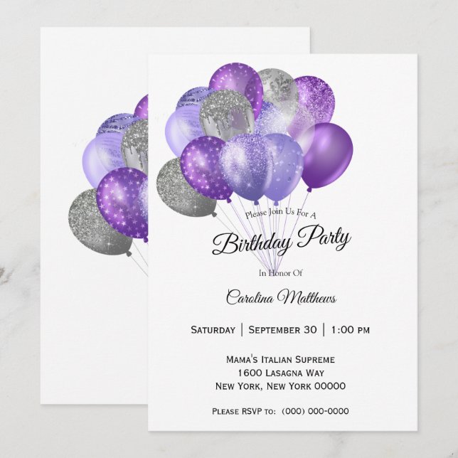 Invitation Ballons d'argent violet Anniversaire (Devant / Derrière)