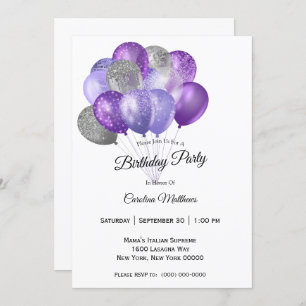 Invitation Ballons d'argent violet Anniversaire