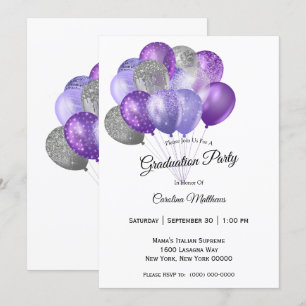 Invitation Ballons d'argent violet Graduation