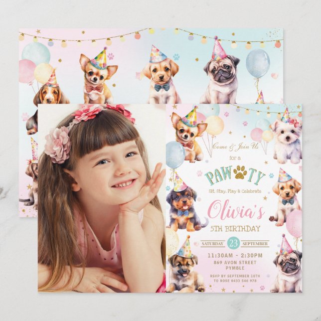 Invitation Ballons de Chiens de Pawty adorables mignons fête  (Devant / Derrière)