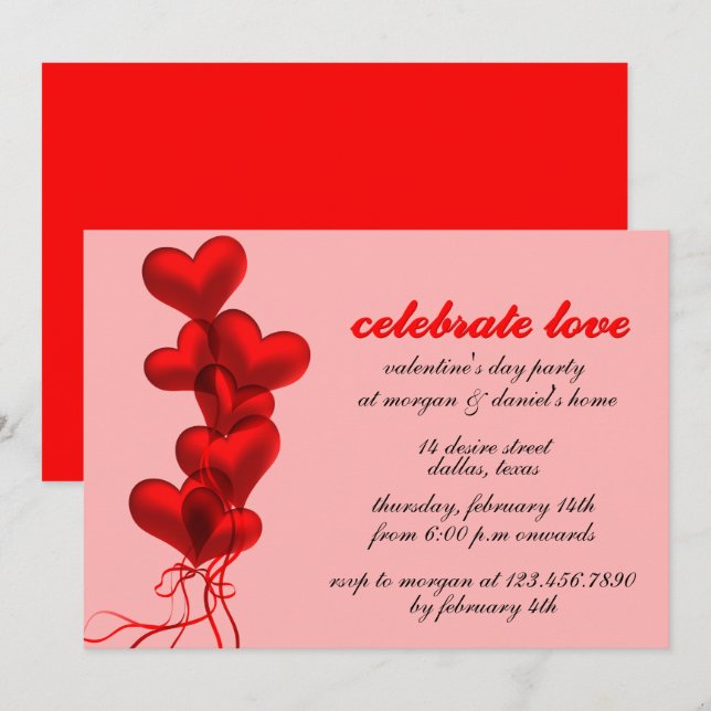 Invitation Ballons de coeur rouge vif Saint Valentin (Devant / Derrière)