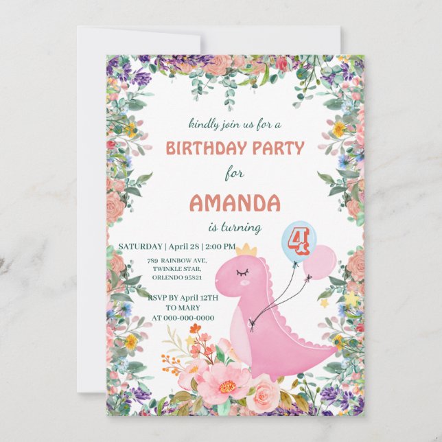 Invitation Ballons de couronne de dinosaure mignon flore fête (Devant)