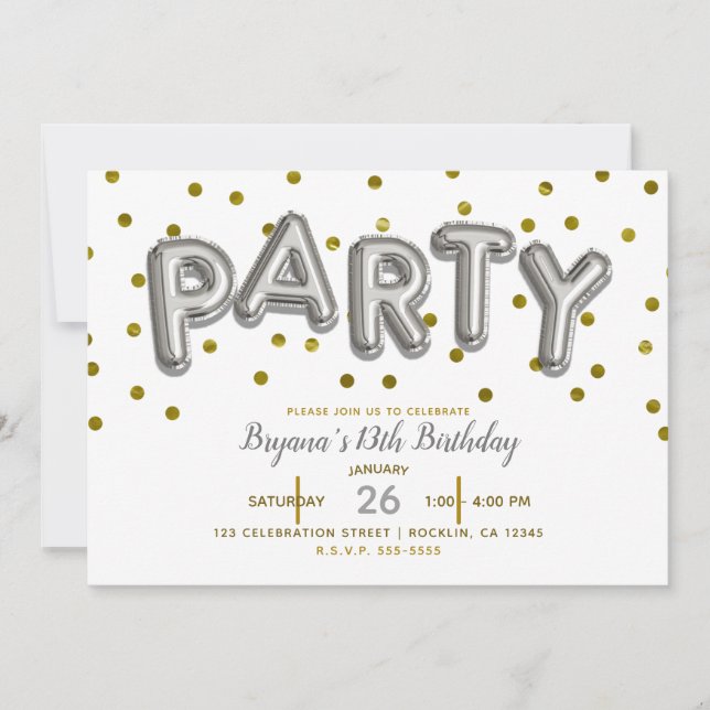 Invitation Ballons de FÊTE Argent & Or Anniversaire TOUTE COU (Devant)