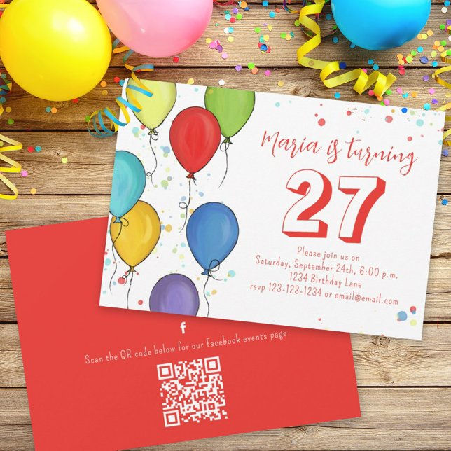 Invitation Ballons de fête d'anniversaire Confetti QR Code Fa (Créateur téléchargé)