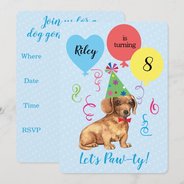 Invitation Ballons de fête d'anniversaire Dachshund (Devant / Derrière)