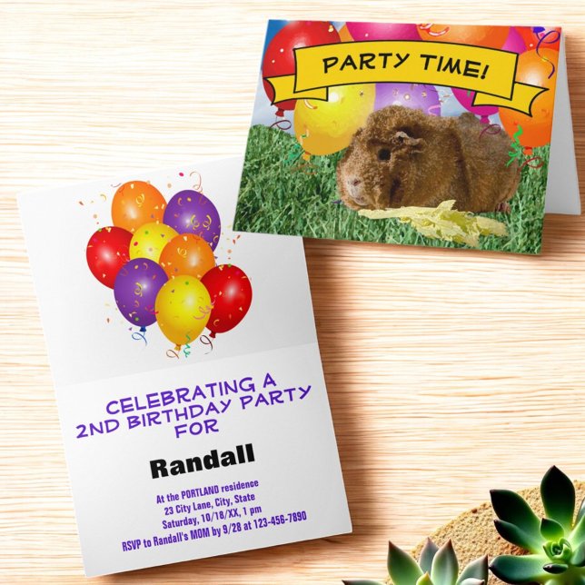 Invitation Ballons de fête d'anniversaire de la mignonne Guin (Folded greeting card invitation template cover and inside)