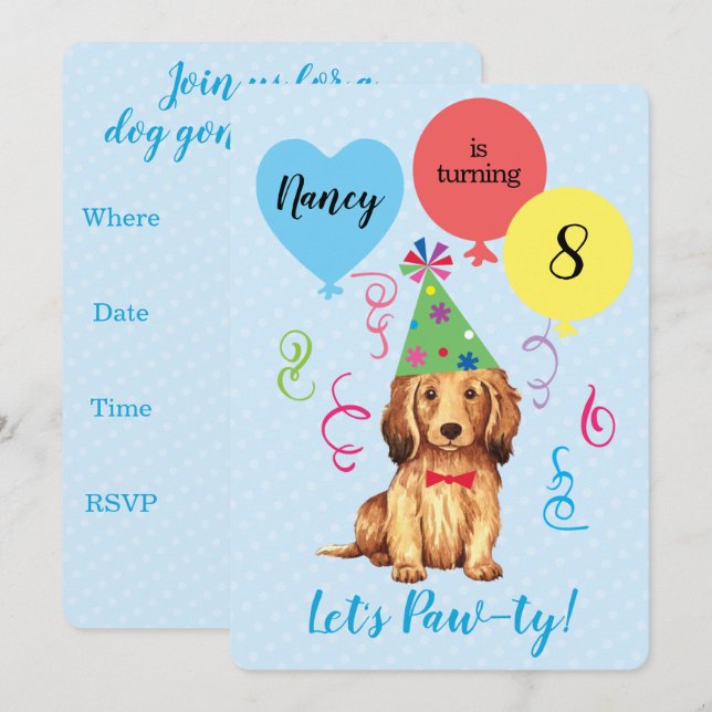 Invitation Ballons de fête d'anniversaire Longhhair Dachshund (Devant / Derrière)