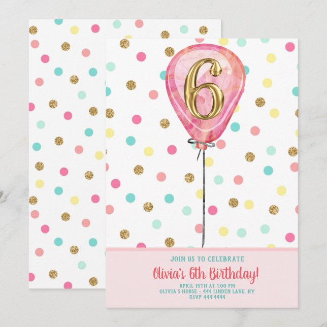 Invitation Ballons de fête du 6e anniversaire (Devant / Derrière)