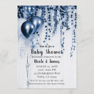 Invitation Ballons de fête en métal bleu Baby shower ivoire