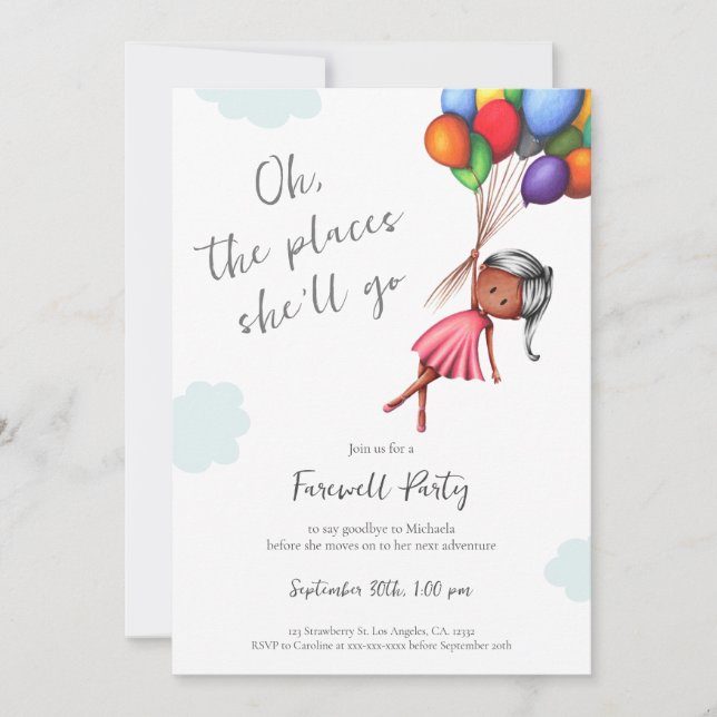 Invitation Ballons de fille noire mignonne Adieu (Devant)
