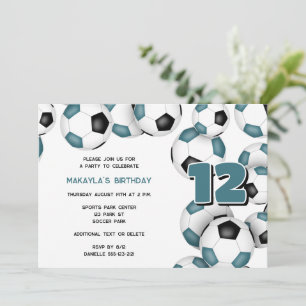 Invitation Ballons de football noir turquoise anniversaire de